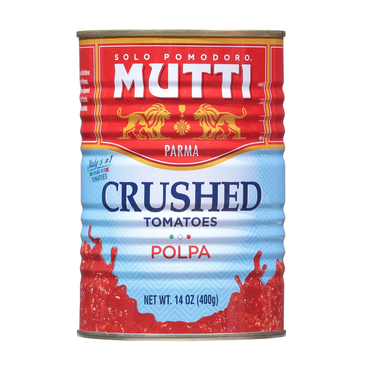 Mutti Crushed Tomatoes Polpa cans displayed in a kitchen setting