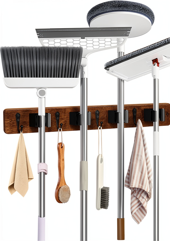 'AceMining Wood Broom Holder mounted on a tile wall in a garage'