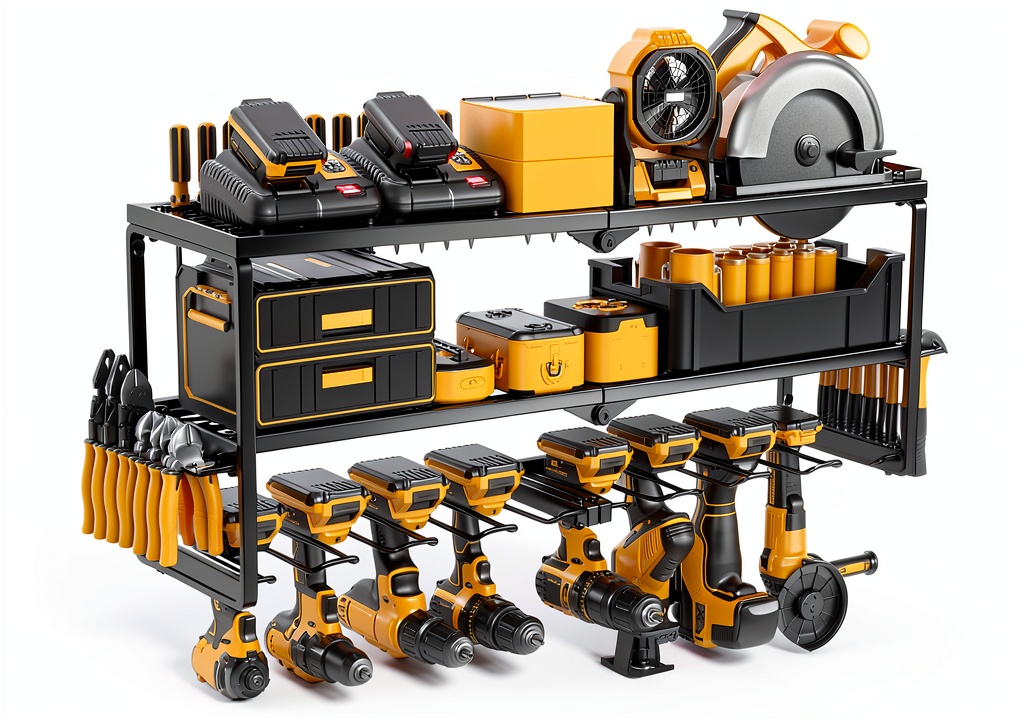 Spampur tool organizer mounted on a garage wall with tools arranged neatly