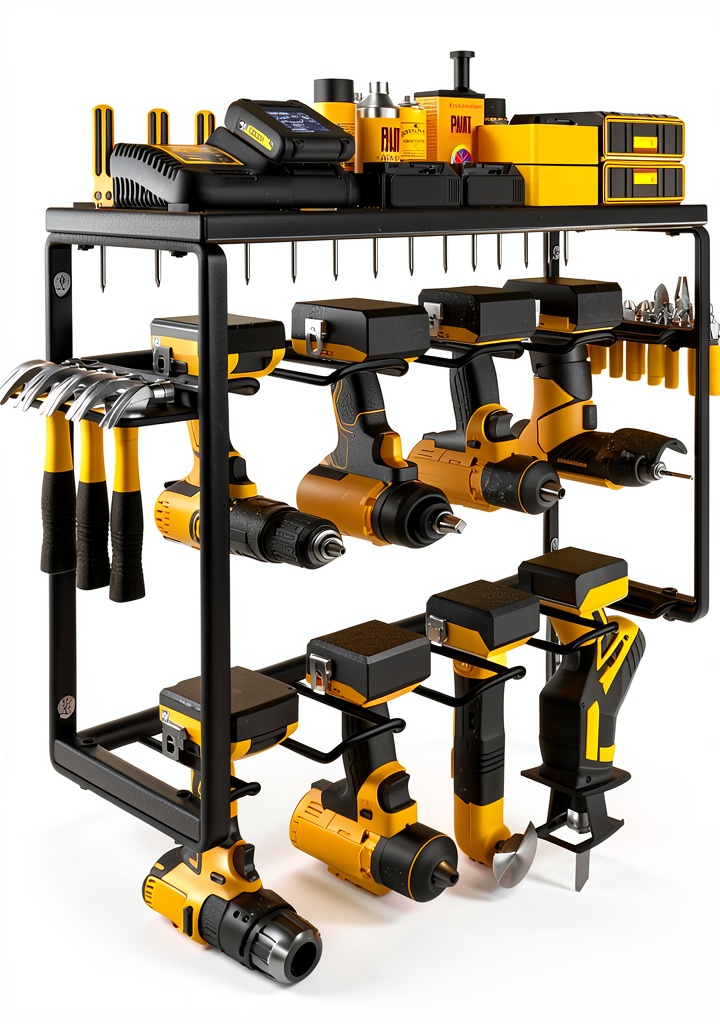 7S Garage Tool Organizer Wall Mount Steel Shelf Storage loaded with power tools and hand tools