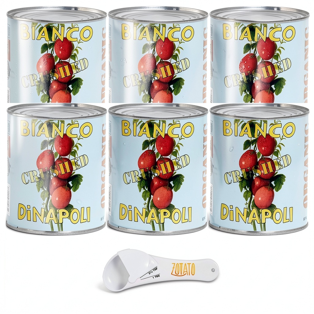Zotato Organic Crushed Tomatoes 6-pack displayed in a kitchen pantry