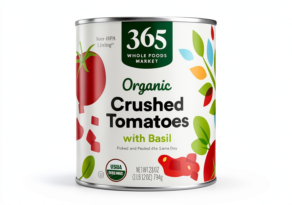 365 Organic Crushed Tomatoes with Basil in a kitchen setting