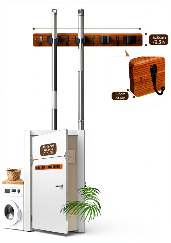 AceMining Wood Broom Holder Wall Mounted Detachable Storage-3