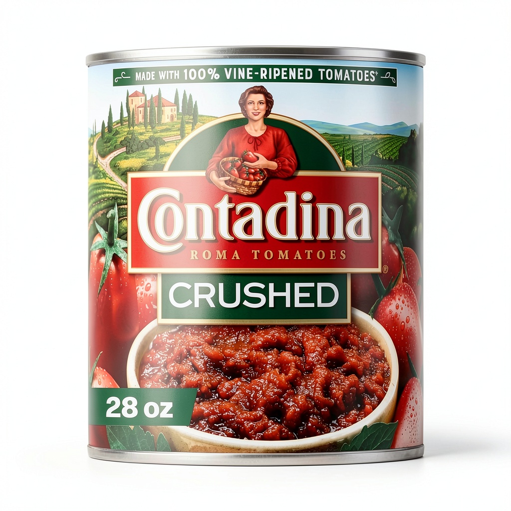 Contadina all natural tomato paste can opened on a wooden kitchen counter