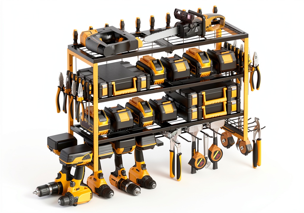 CCCEI yellow tool organizer mounted on a garage wall