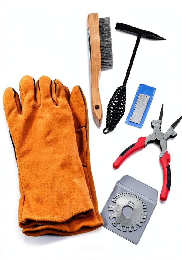 6Pcs Industrial Slag Removal Welding Tools Set - Includes 10 Inch Hammer, 8 Inch Pliers, Wire Brush, Gloves, Wire Gauge, Thickness Gauge - Black, Red, Brown - 0.45kg-0