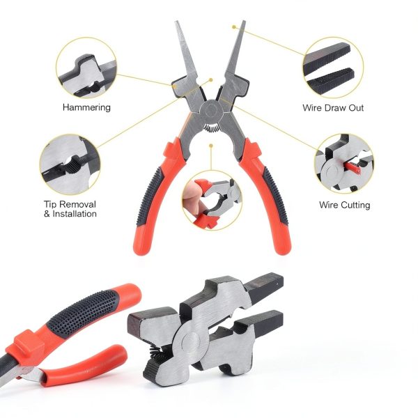 6Pcs Industrial Slag Removal Welding Tools Set - Includes 10 Inch Hammer, 8 Inch Pliers, Wire Brush, Gloves, Wire Gauge, Thickness Gauge - Black, Red, Brown - 0.45kg-3