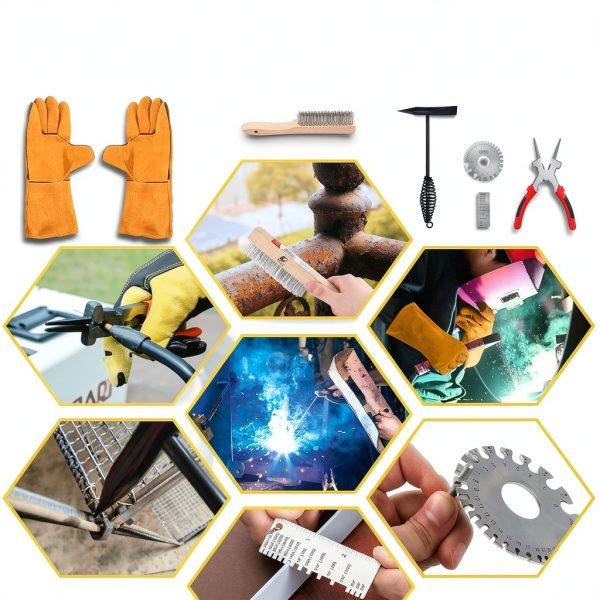 6Pcs Industrial Slag Removal Welding Tools Set - Includes 10 Inch Hammer, 8 Inch Pliers, Wire Brush, Gloves, Wire Gauge, Thickness Gauge - Black, Red, Brown - 0.45kg-6