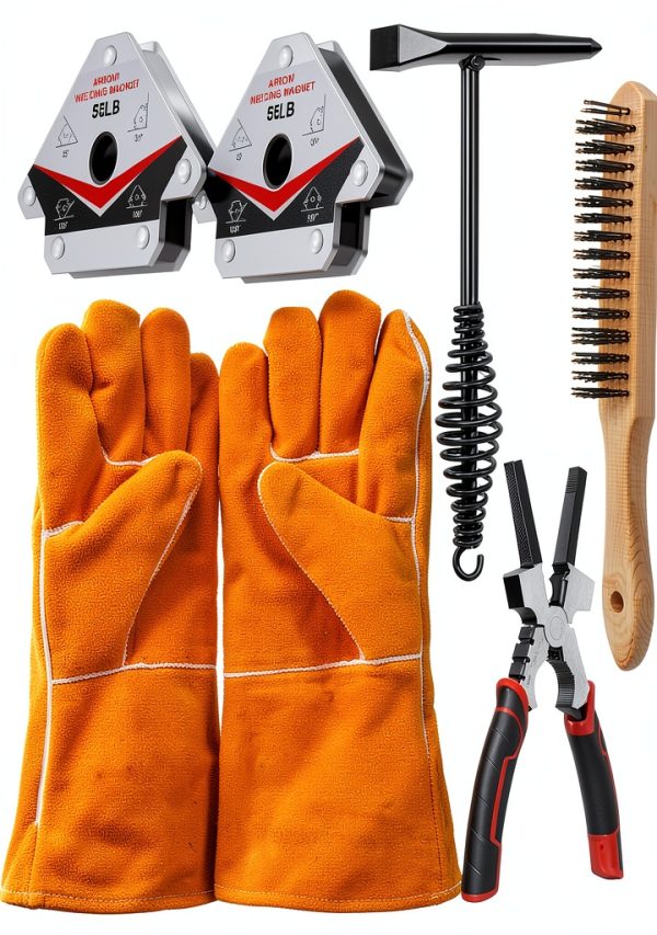 Welding Accessories,6pc,Chipping Hammer 10.5",Leather Welding Gloves 13.5",6-in-1 Welpers Pliers 8",Wire Brush 11",Welding Magnet 50LB-0